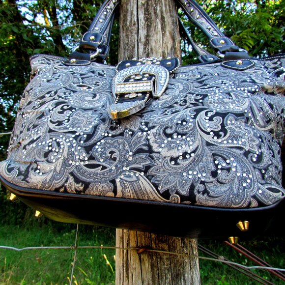 WESTERN BAG, BLING BUCKLE, SPARKLY RODEO RANCH COWGIRL HANDBAG, MOUNTAIN WEST - Picture 7 of 14
